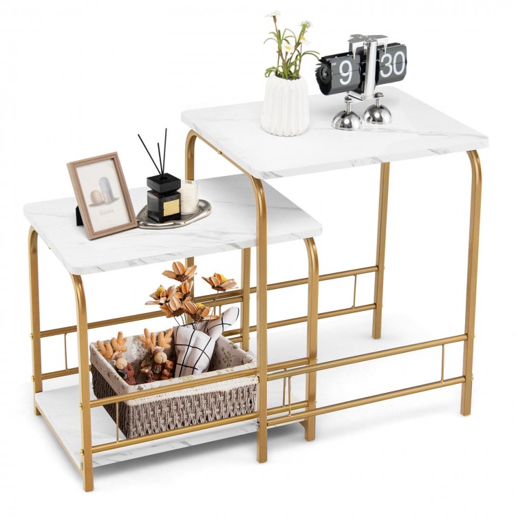 Faux marble nesting table in white with gold frame, featuring an open shelf for stylish storage in small spaces.